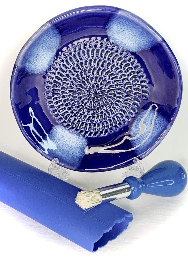 BonCera, All-in-one Premium Ceramic Garlic Grater Plate 4-Piece Set - Blue Cross Glazed Design and Style - For Garlic, Ginger, Chocolate, and more! - Comes with 5.25" Plate, Peeler, Brush, and Stand - Image 1