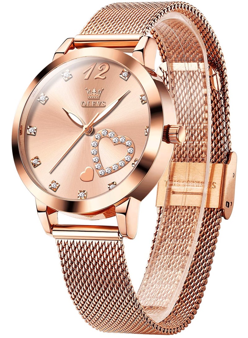 OLEVS Womens Watch Small Wrist Rose Gold Tone Cute Diamond Heart Arabic Numerals Dial Ladies Watch Fashion Waterproof Mesh Bracelet Analog Dress Watch for Women - Image 1