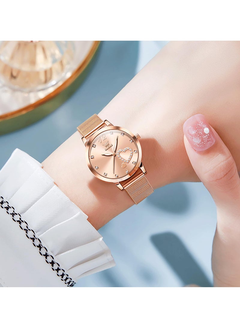 OLEVS Womens Watch Small Wrist Rose Gold Tone Cute Diamond Heart Arabic Numerals Dial Ladies Watch Fashion Waterproof Mesh Bracelet Analog Dress Watch for Women - Image 2