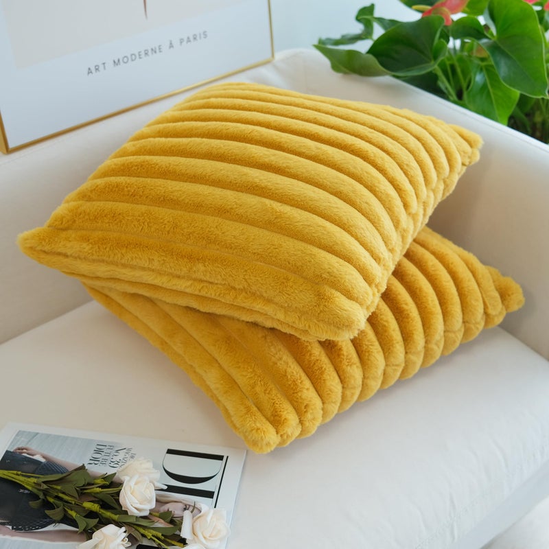 JOJUSIS Pack of 2 Faux Fur Plush Decorative Throw Pillow Covers Couch Cushion Case Soft Pillowcases (Mustard Yellow, 18 x 18-Inch) - Image 4