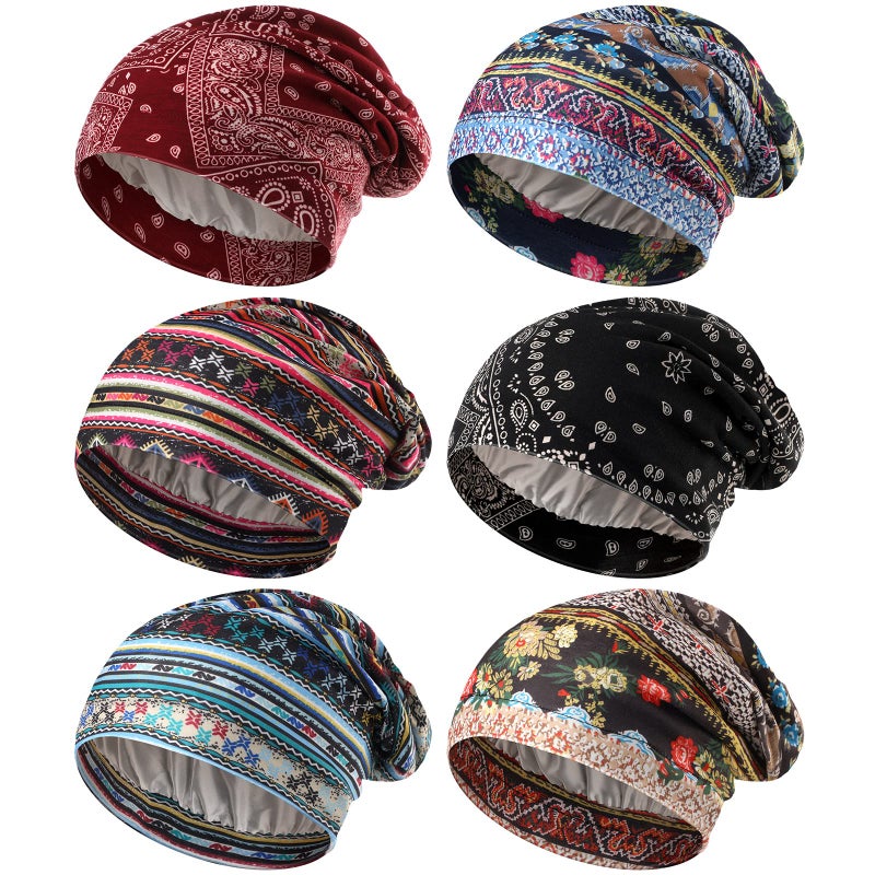 Sintege 6 Pcs Satin Lined Bonnet Sleep Chemo Hat Stretch Cancer Cap for Women Men Cancer Patient African Silk Soft Beanie(Stylish Patterns) - Image 1