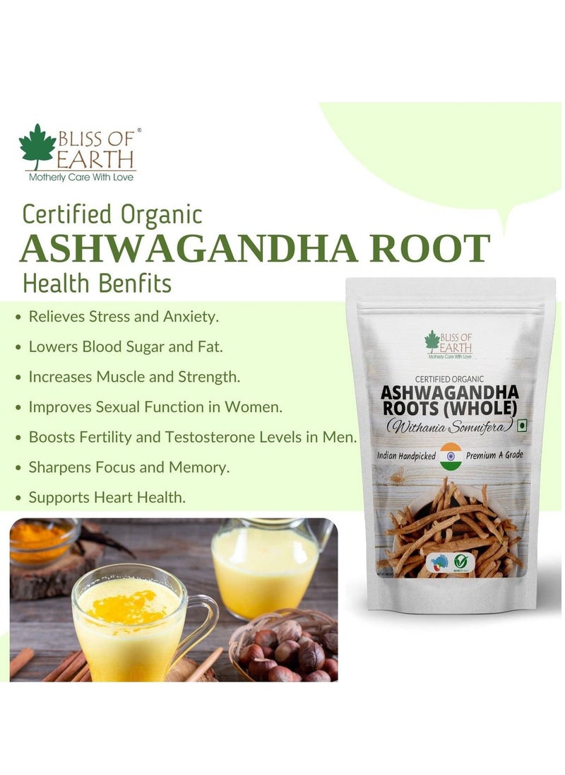 BLISS OF EARTH Certified Organic Ashwagandha Roots Whole, Withania Somnifera Premium Grade Help Boost Immunity Stress Relief 200gm  - Image 3