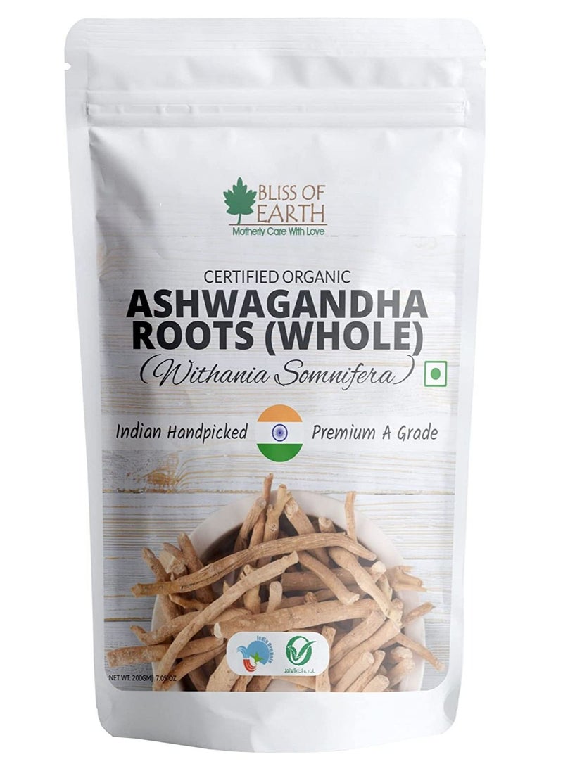BLISS OF EARTH Certified Organic Ashwagandha Roots Whole, Withania Somnifera Premium Grade Help Boost Immunity Stress Relief 200gm  - Image 1