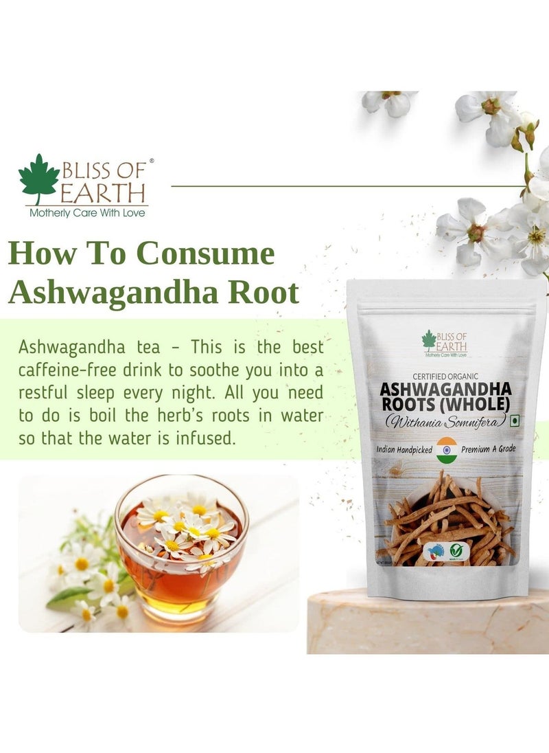 BLISS OF EARTH Certified Organic Ashwagandha Roots Whole, Withania Somnifera Premium Grade Help Boost Immunity Stress Relief 200gm  - Image 4