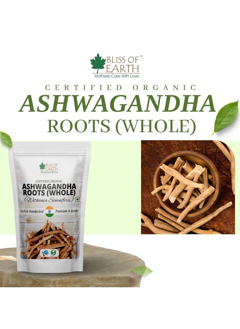 BLISS OF EARTH Certified Organic Ashwagandha Roots Whole, Withania Somnifera Premium Grade Help Boost Immunity Stress Relief 200gm  - Image 2