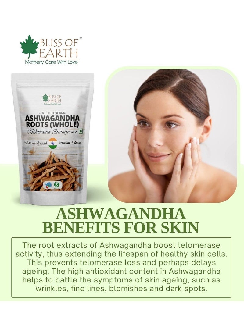 BLISS OF EARTH Certified Organic Ashwagandha Roots Whole, Withania Somnifera Premium Grade Help Boost Immunity Stress Relief 200gm  - Image 5