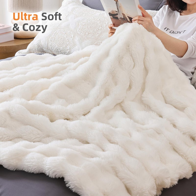 Smoofy Faux Fur Blanket Rabbit Fleece - Cream White Fluffy Blanket for Sofa, Cozy Soft Plush Throw Blanket for Couch Bed, Luxury Thick Fuzzy Couch Blanket for Winter, Comfy Bubble Blanket - 50" x 60" - Image 4