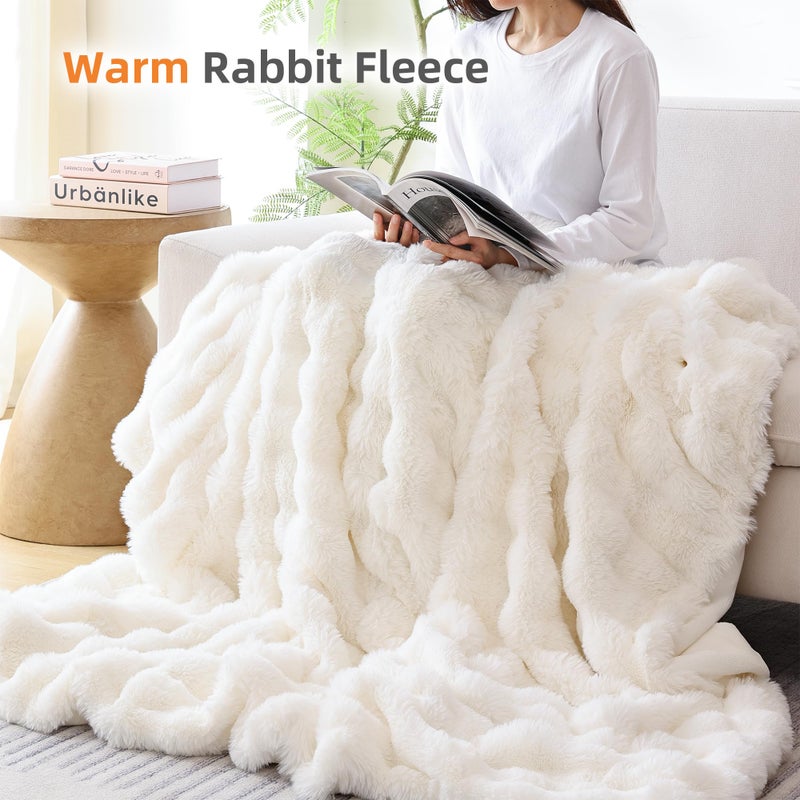 Smoofy Faux Fur Blanket Rabbit Fleece - Cream White Fluffy Blanket for Sofa, Cozy Soft Plush Throw Blanket for Couch Bed, Luxury Thick Fuzzy Couch Blanket for Winter, Comfy Bubble Blanket - 50" x 60" - Image 5