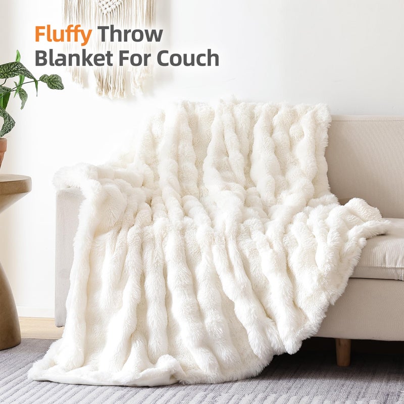 Smoofy Faux Fur Blanket Rabbit Fleece - Cream White Fluffy Blanket for Sofa, Cozy Soft Plush Throw Blanket for Couch Bed, Luxury Thick Fuzzy Couch Blanket for Winter, Comfy Bubble Blanket - 50" x 60" - Image 3