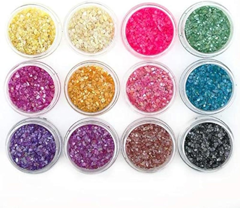 مجموعة تزيين أظافر جل الأشعة فوق البنفسجية مكونة من 12 قطعة من شظايا الصدف المطحون بألوان متنوعة