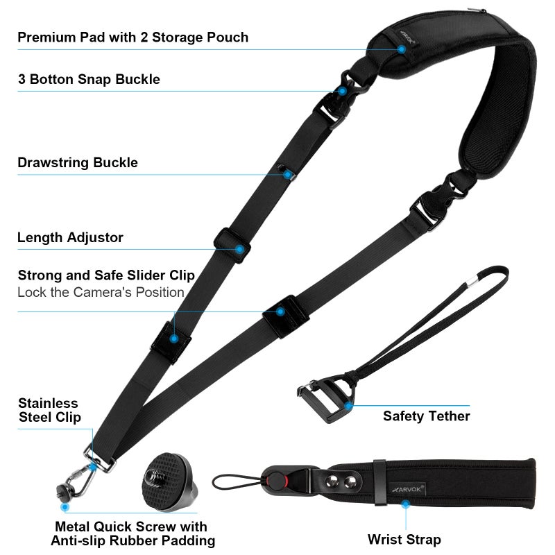 ARVOK Camera Strap with Camera Wrist Strap, Adjustable Camera Shoulder Strap for Nikon Canon Sony Fuji DSLR Camera - Image 2