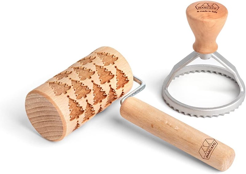 MARCATO Made in Italy Holiday Cookie Gift Set with Christmas Trees pattern rolling pin and round shape stamp Green set - Image 1