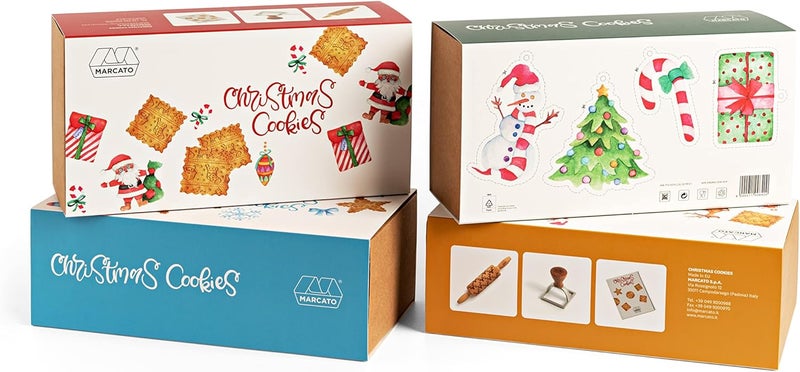MARCATO Made in Italy Holiday Cookie Gift Set with Christmas Trees pattern rolling pin and round shape stamp Green set - Image 5