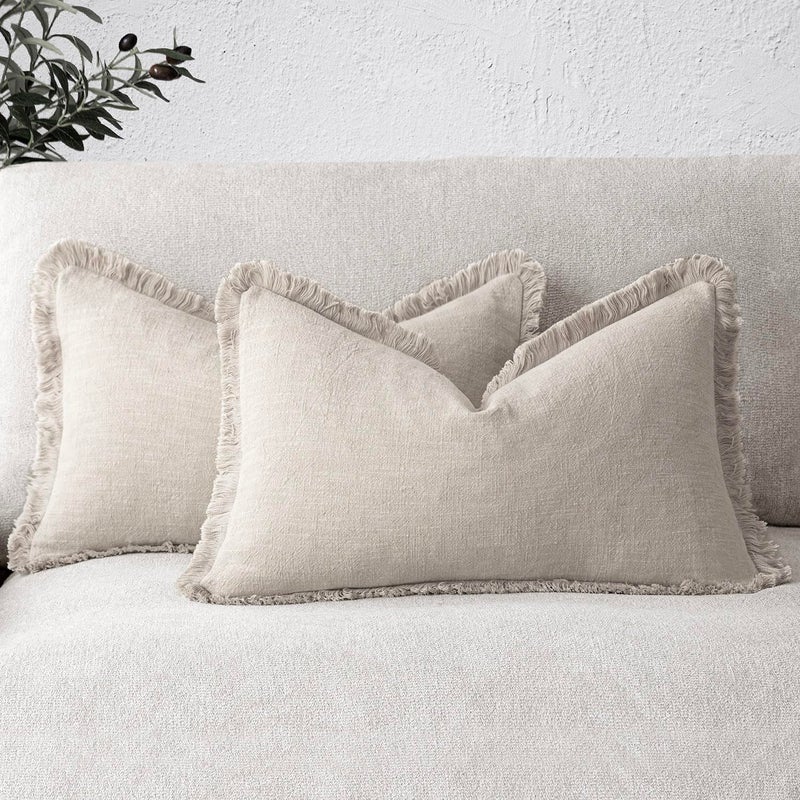 Foindtower Set of 2 Decorative Linen Fringe Lumbar Throw Pillow Covers Boho Farmhouse Cushion Cover with Tassels Cozy Accent Pillowcase for Sofa Couch Living Room Home Decor,12Ã—20 Inch,Natural Beige - Image 1