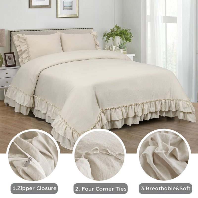 Hi -G HIG 3 Piece Farmhouse Ruffled Duvet Cover Set Queen, Camel Vintage Duvet Cover with 2 Rows of Handmade Ruffle, Solid Washed Microfiber Bedding Cover for Bedroom - 1 Duvet Cover, 2 Shams (HANS) - Image 2