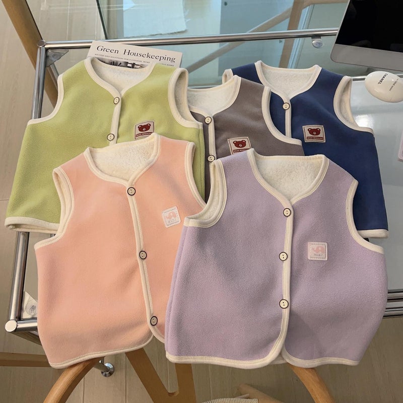 2023 Winter Childrens thickened polar fleece vest outer wear double-sided fleece-lined warm boys and girls vest double-layer autumn and winter Light pink - Image 2