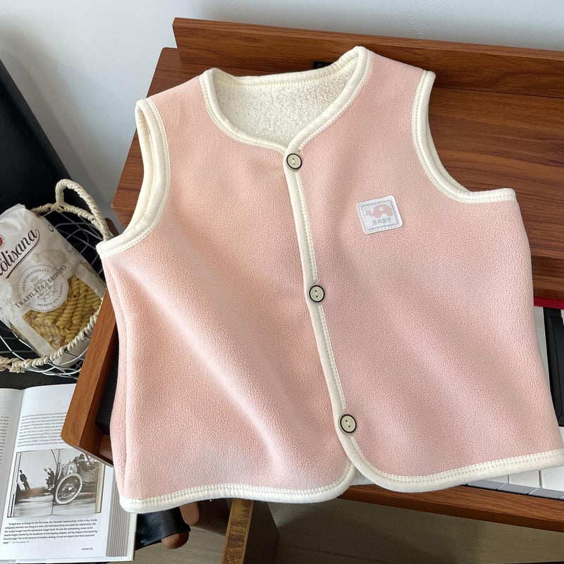 2023 Winter Childrens thickened polar fleece vest outer wear double-sided fleece-lined warm boys and girls vest double-layer autumn and winter Light pink - Image 5