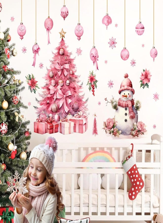 HATARU Large Pink Christmas Tree Wall Stickers Christmas Wall Decals Peel and Stick Snowman Stickers for Christmas Home Decor Indoor Hanging Ball Snowflake Art Murals for Living Room Xmas Party Supplies - Image 5