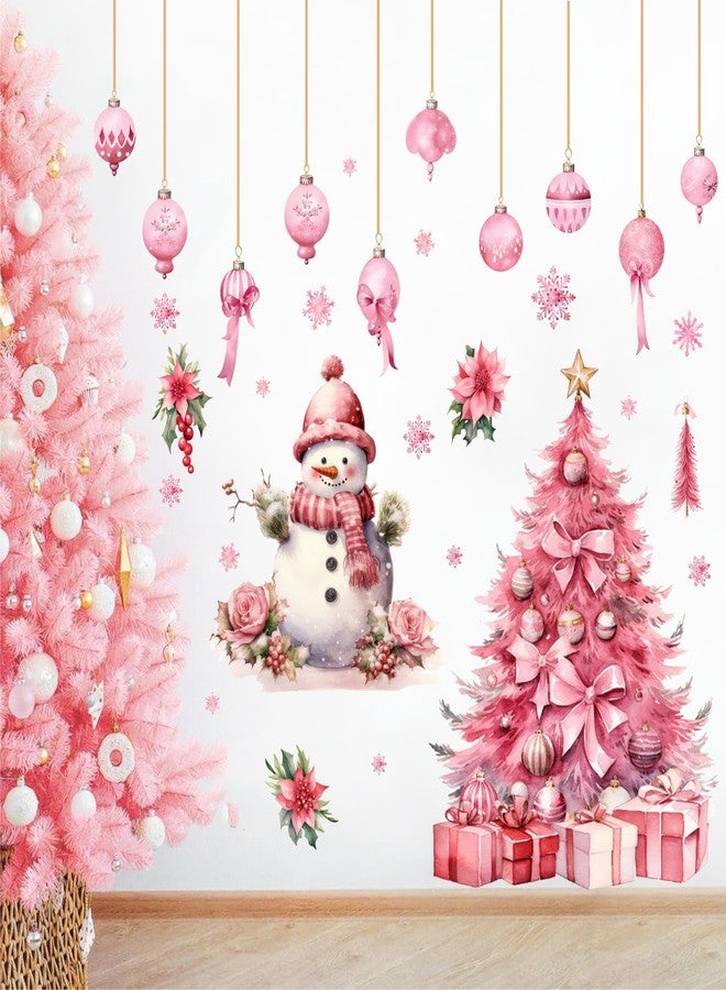 HATARU Large Pink Christmas Tree Wall Stickers Christmas Wall Decals Peel and Stick Snowman Stickers for Christmas Home Decor Indoor Hanging Ball Snowflake Art Murals for Living Room Xmas Party Supplies - Image 2