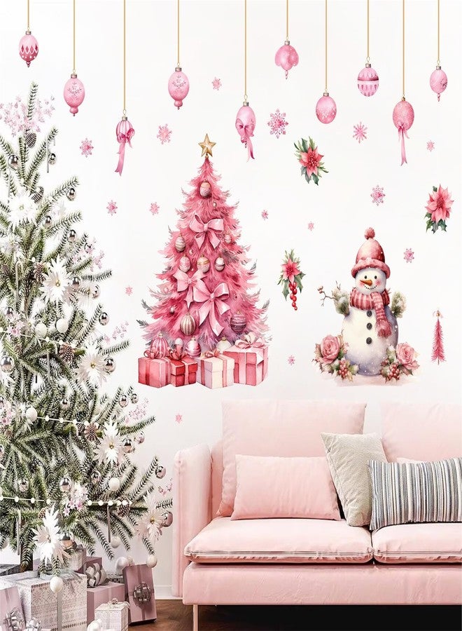 HATARU Large Pink Christmas Tree Wall Stickers Christmas Wall Decals Peel and Stick Snowman Stickers for Christmas Home Decor Indoor Hanging Ball Snowflake Art Murals for Living Room Xmas Party Supplies - Image 3