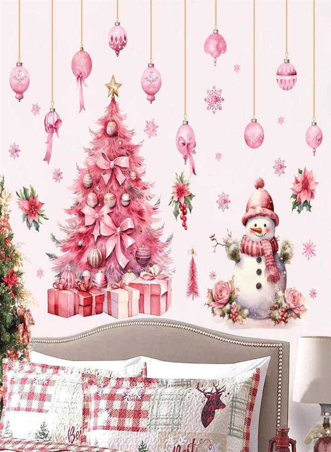 HATARU Large Pink Christmas Tree Wall Stickers Christmas Wall Decals Peel and Stick Snowman Stickers for Christmas Home Decor Indoor Hanging Ball Snowflake Art Murals for Living Room Xmas Party Supplies - Image 1