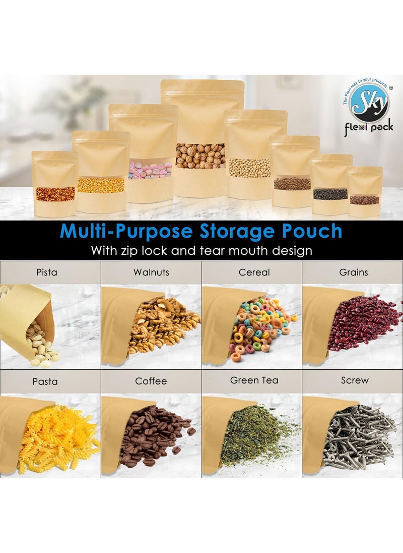 SKY FLEXI PACK SKY FLEXI PACK Kraft Paper Ziplock Pouch 11 x 17cm Pack of 25 Airtight Reusable Stand Up Waterproof Multipurpose Storage Bags with Rectangle Transparent Window Capacity up to 100g  - Image 5