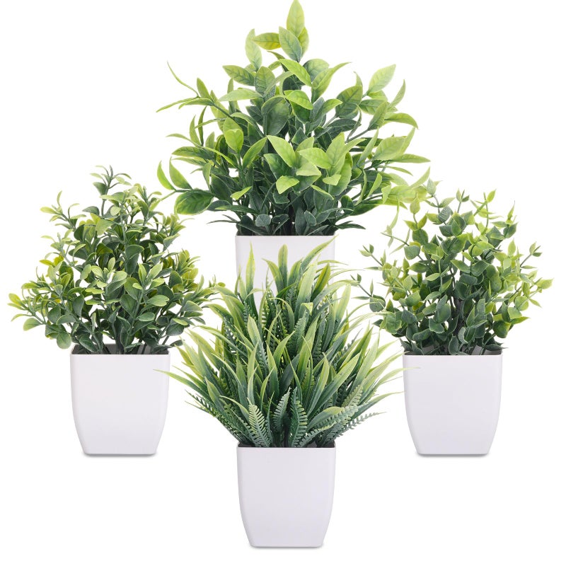 CEWOR Fake Plants 4 Packs Small Artificial Greenery Mini White Potted Plants Bathroom Accessories Decorations for Desk Bathroom Office Home Room Kitchen Table Indoor - Image 2