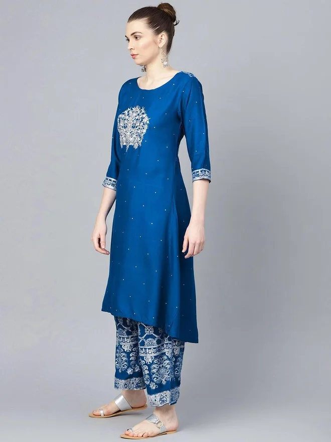 Ishin  Women Blue Embroidered Kurta with Palazzo Set for Women | Best Price UAE