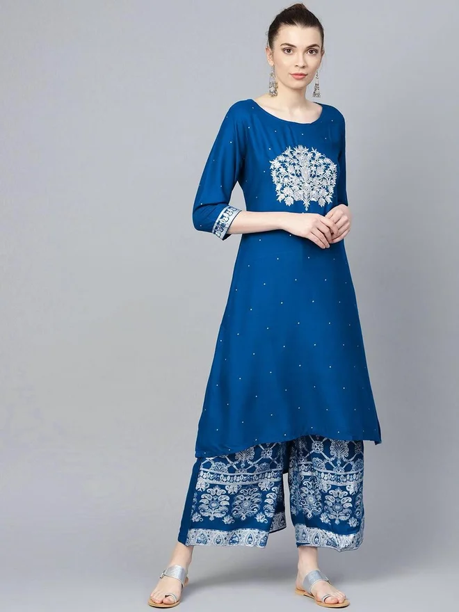 ISHIN ISHIN Women Blue Embroidered Kurta with Palazzo Set