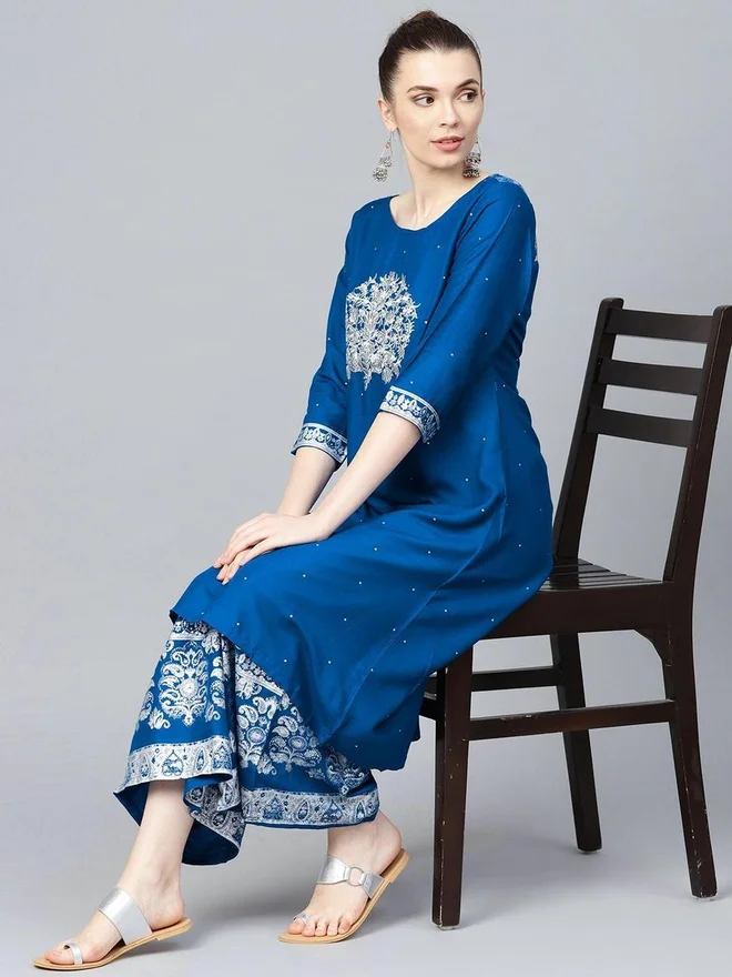 Ishin  Women Blue Embroidered Kurta with Palazzo Set for Women | Best Price UAE