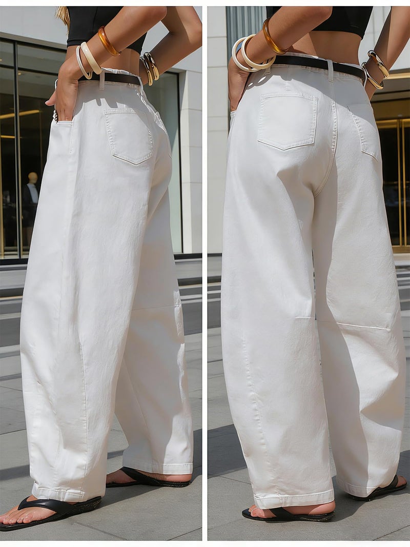 EXLURA Womens Barrel Jeans Wide Leg Y2K Boyfriend Denim Pants Hip Hop Vintage Baggy Jeans Cotton Mid-Low Elastic Waist Pants White - Image 5