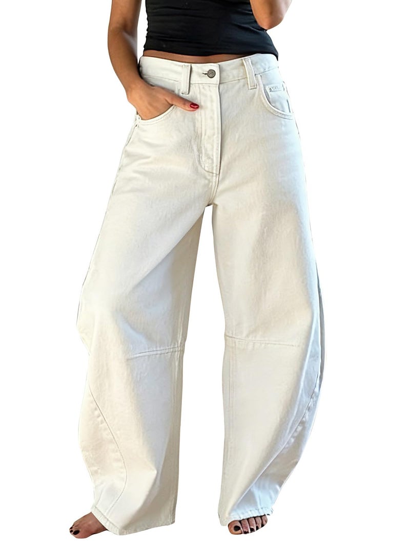 EXLURA Womens Barrel Jeans Wide Leg Y2K Boyfriend Denim Pants Hip Hop Vintage Baggy Jeans Cotton Mid-Low Elastic Waist Pants White - Image 1