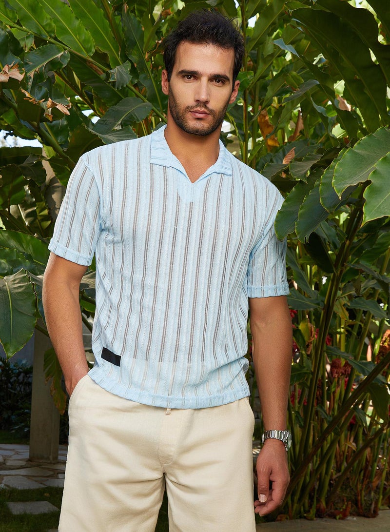 Campus Sutra Men's Baby Blue Duo-Striped Relaxed Polo T-Shirt - Image 2