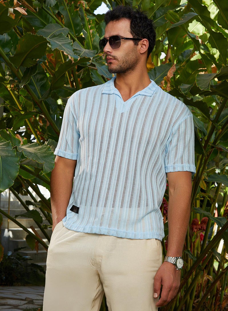 Campus Sutra Men's Baby Blue Duo-Striped Relaxed Polo T-Shirt - Image 1