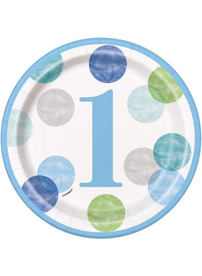 Unique Dots 1St Birthday Round Paper Dessert Plates 7" ; Blue ; 8 Pcs - Image 2