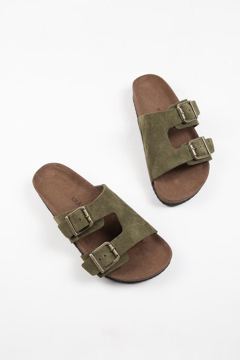 Krahe Jose Men's Genuine Leather Double Buckle Khaki Slippers - Image 5