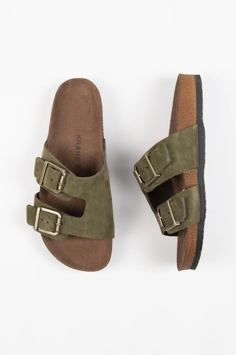 Krahe Krahe Jose Men's Genuine Leather Double Buckle Khaki Slippers