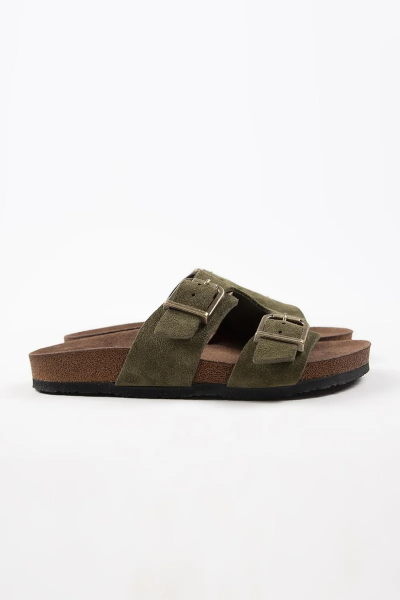 Krahe Krahe Jose Men's Genuine Leather Double Buckle Khaki Slippers