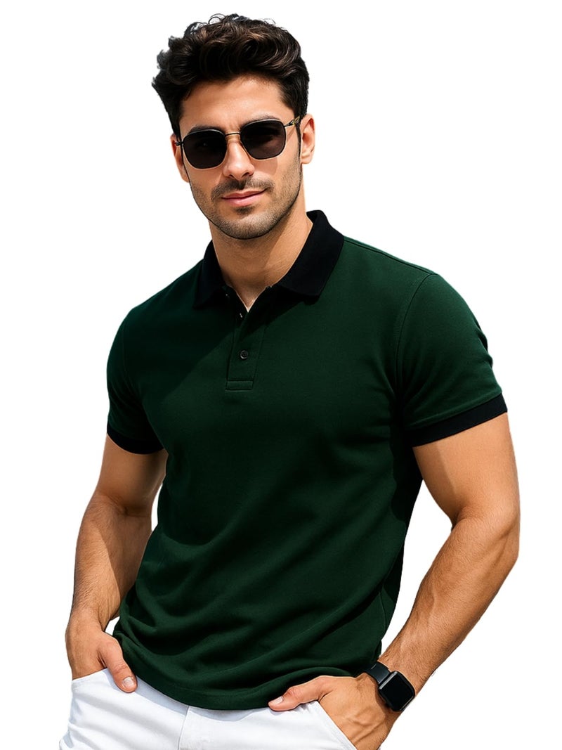 Veirdo® Pure Cotton Half Sleeves Regular Fit Plain Solid Classic Polo Collar T-Shirt for Men & Boys (Color Options- Black, Maroon & Olive) (TSH_Olive_Polo_XL) - Image 1