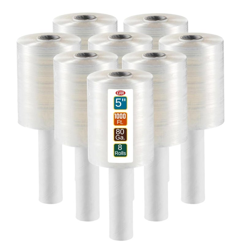Simply Cool 8 Pack Industrial Strength Mini Hand Stretch Wrap 5" 1000 Ft. Roll 80 Gauge Thick, Shrink Wrap Roll for Moving Supplies, Furniture, Pallets, Plastic Wrap for Packing, Heavy Duty Stretch Film - Image 1