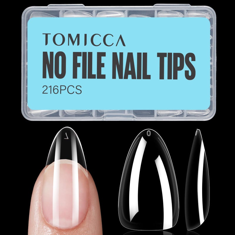 TOMICCA Almond Nail Tips, Medium Almond Acrylic Nail Tips, 216Pcs Full Cover Clear Nails, Nail Extension Tips for Nail salon and DIY at Home - Image 1