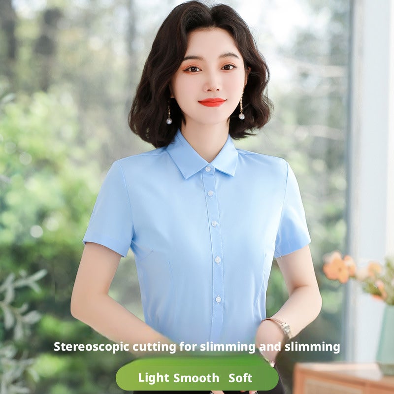 Women's White Short Sleeve Summer Thin Office Work Shirt Non-See-Through Korean Style - Image 1