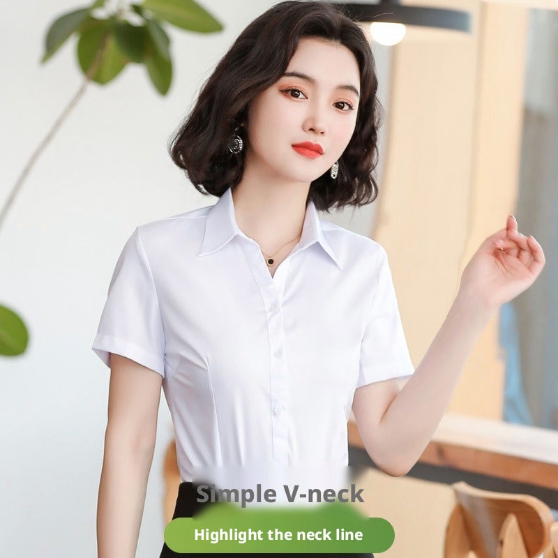 Women's White Short Sleeve Summer Thin Office Work Shirt Non-See-Through Korean Style - Image 3