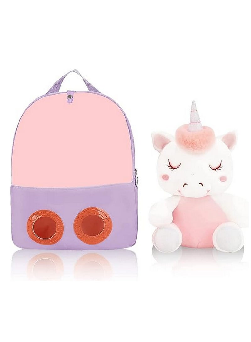 Captaintech Toddler Kids Cute Adorable Backpack Napkin Doll Snack for Girl Mini Schoolbag with Plush Animal Toy for Preschool Baby - Image 5