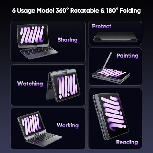 doqo iPad mini 7&Mini 6 case with Keyboard 8.3 inch 2021/2024, Keyboard case for iPad mini 7th/6th with Touch trackpad 7 Colors Backlit Wireless 360° Rotatable,Slim Protective Space Gray - Image 3