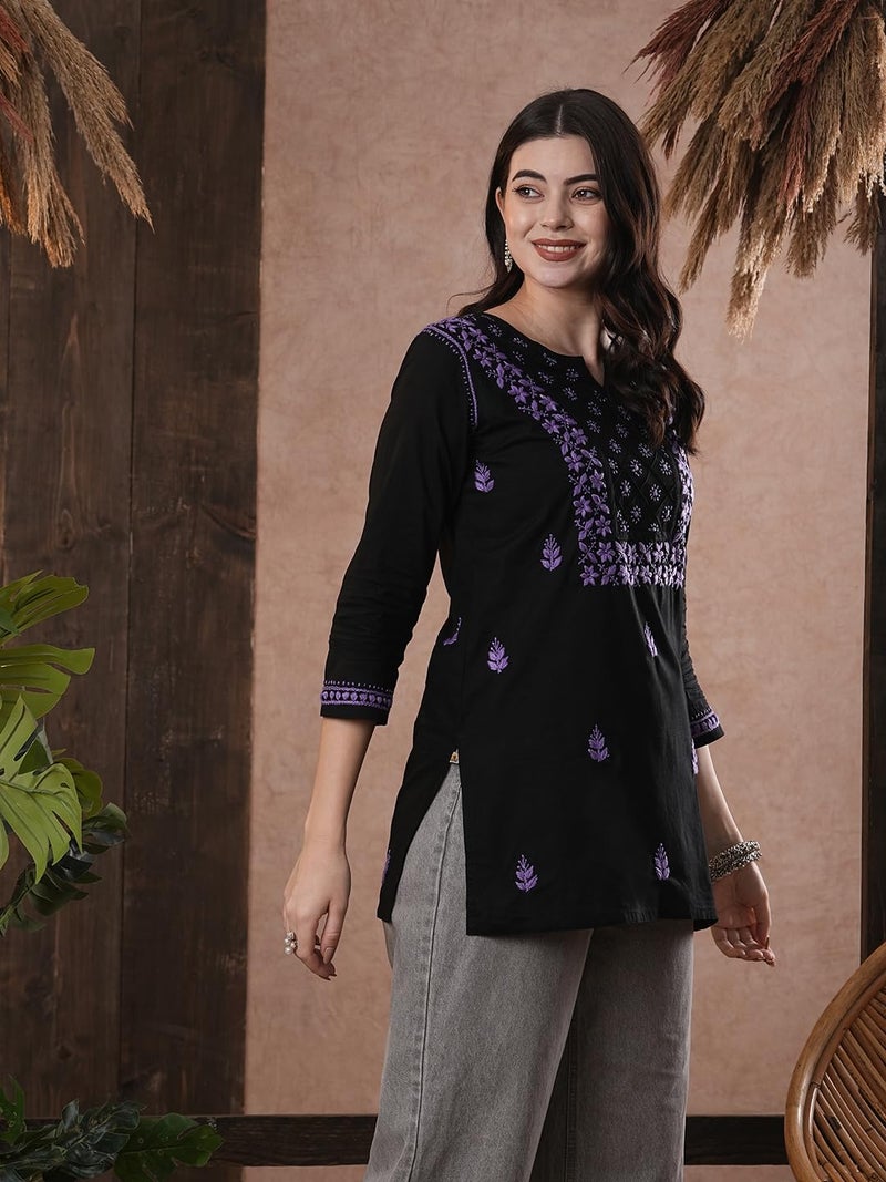Ada Lucknowi Hand Embroidered Chikankari Cotton Short Kurta Kurti Tunic Top for Women A100556 Black/Mauve (2XL) - Image 4