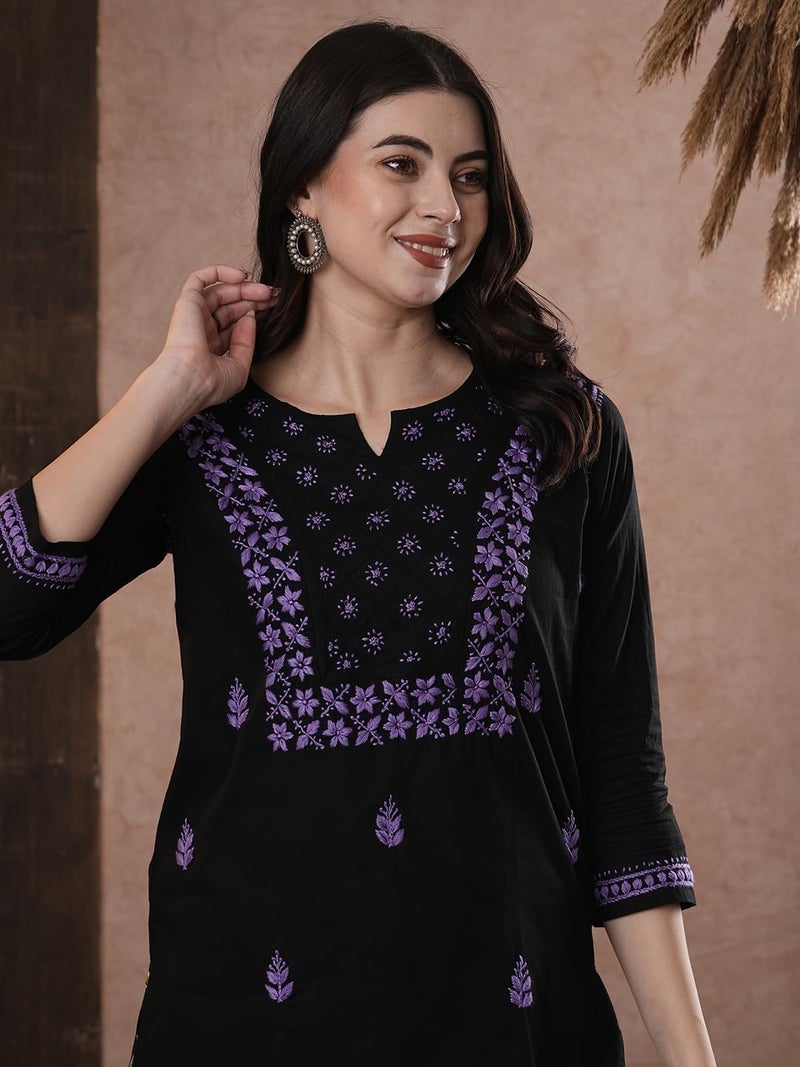 Ada Lucknowi Hand Embroidered Chikankari Cotton Short Kurta Kurti Tunic Top for Women A100556 Black/Mauve (2XL) - Image 5