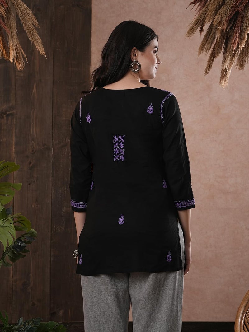 Ada Lucknowi Hand Embroidered Chikankari Cotton Short Kurta Kurti Tunic Top for Women A100556 Black/Mauve (2XL) - Image 2