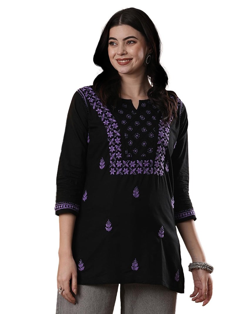 Ada Lucknowi Hand Embroidered Chikankari Cotton Short Kurta Kurti Tunic Top for Women A100556 Black/Mauve (2XL) - Image 1