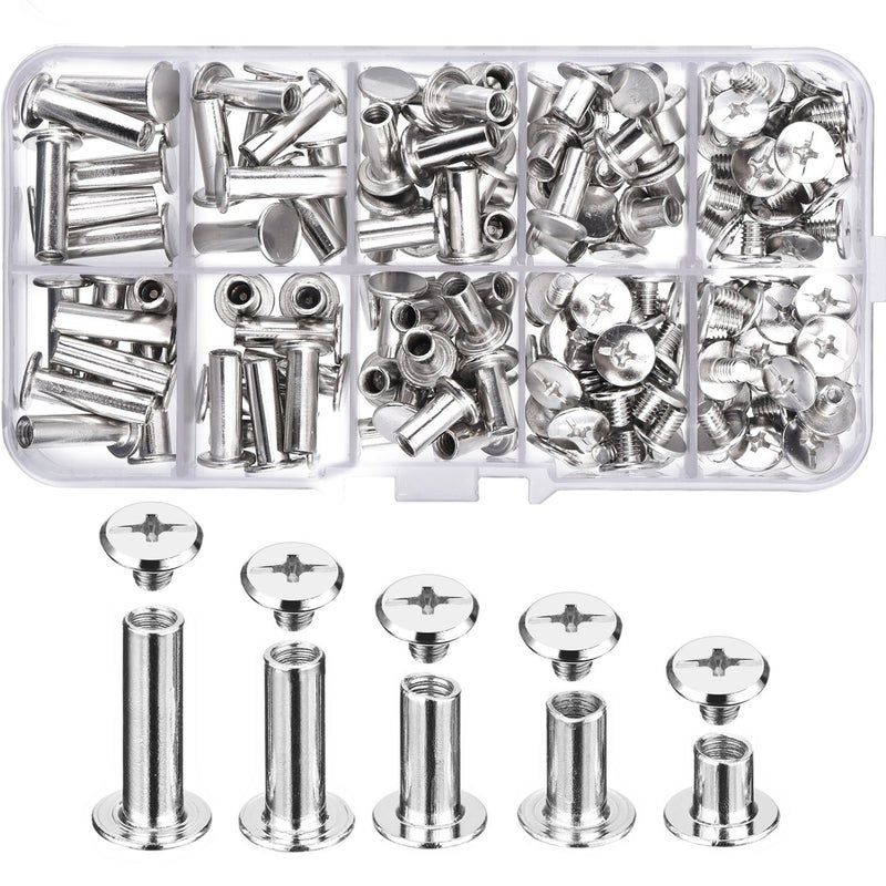 Pangda 80 Sets Chicago Screw Leather Rivets Assorted Kit Chicago Binding Screws 5 Sizes Metal Round Cross Head Stud Screw Post Nail Rivet Button for DIY Leather(5 x 6, 10, 12, 15, 18,Silver)